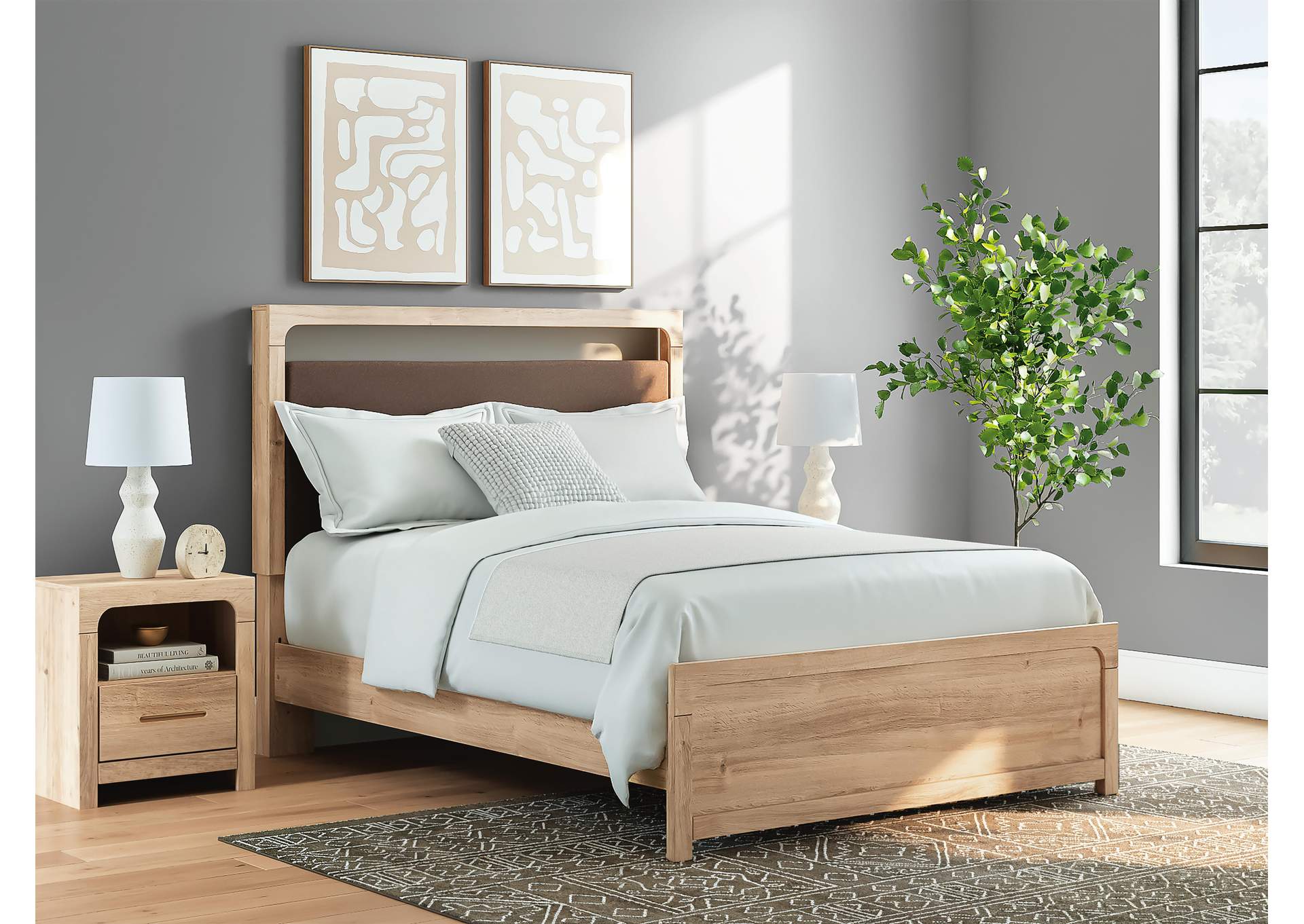 Hollymount Queen Upholstered Platform Bed, Dresser and Chest