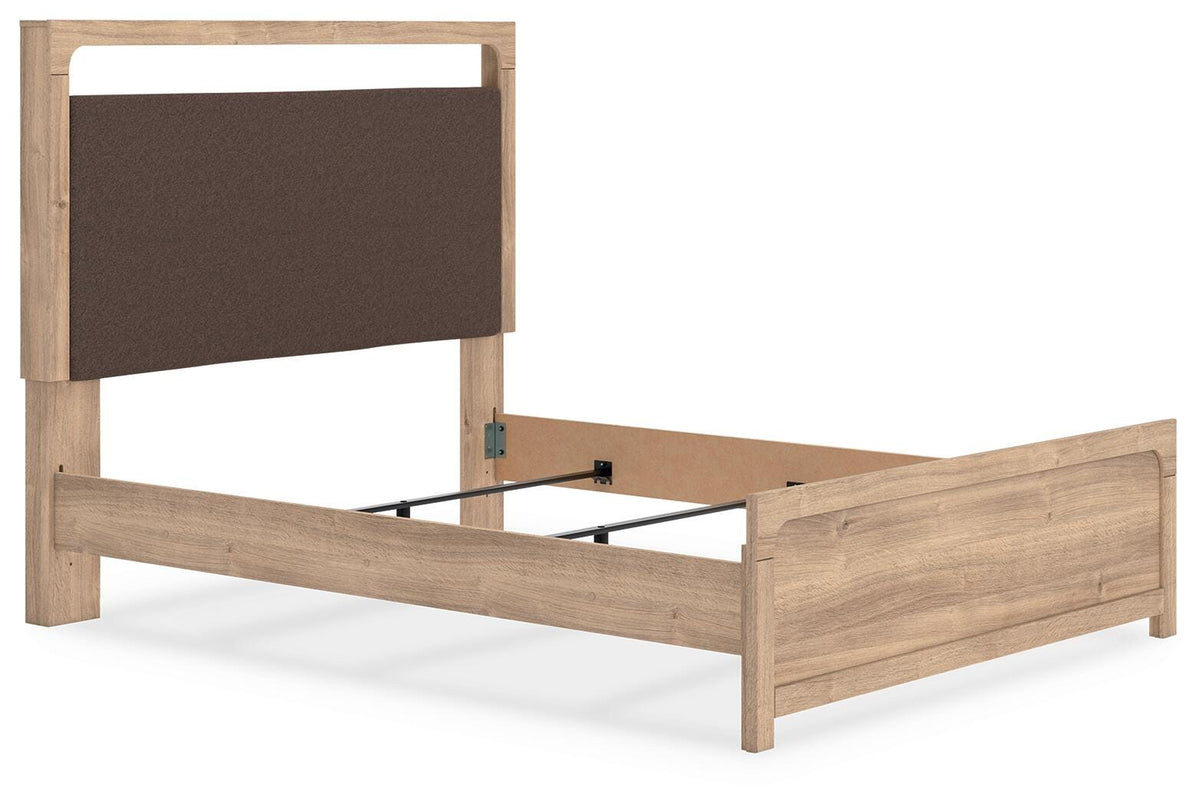Kinlanni Queen Upholstered Panel Bed in Tan, angle view