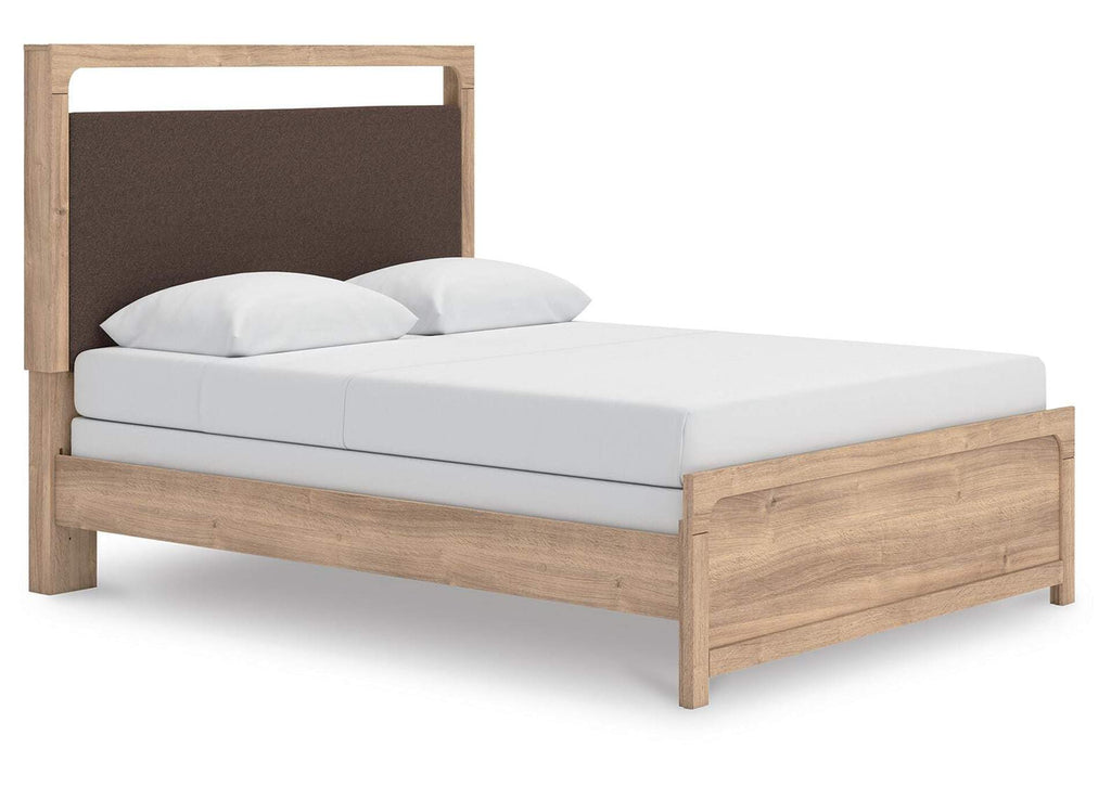 Hollymount Queen Upholstered Panel Bed, Dresser and Chest angled view