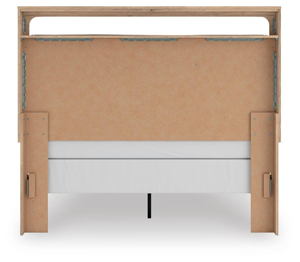 Kinlanni Queen Upholstered Panel Bed in Tan, back view