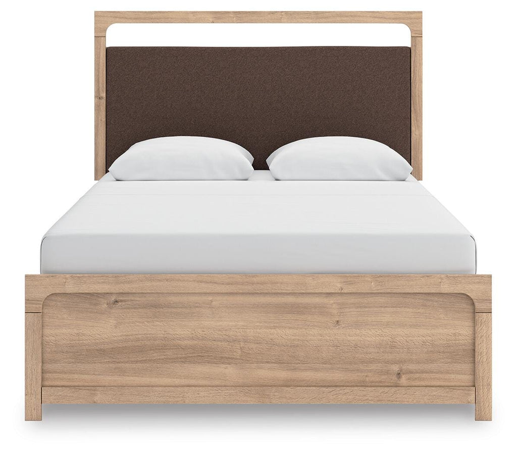 Kinlanni Queen Upholstered Panel Bed in Tan, front view