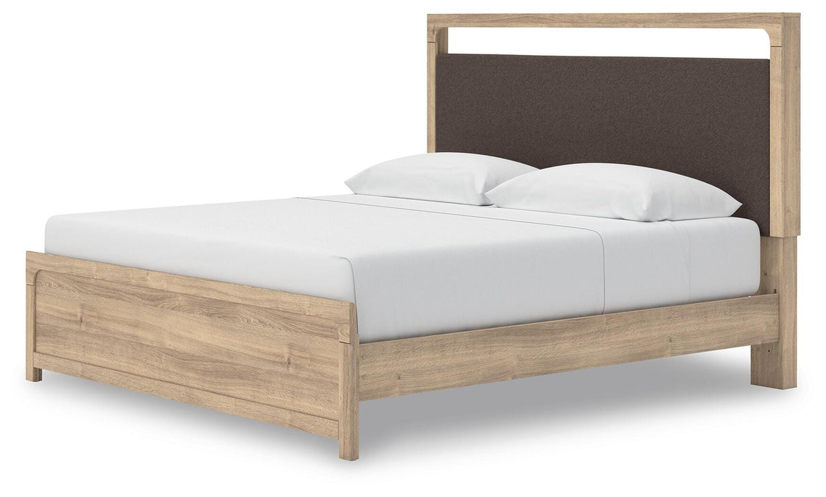 Kinlanni King Upholstered Platform Bed in Tan, angle view