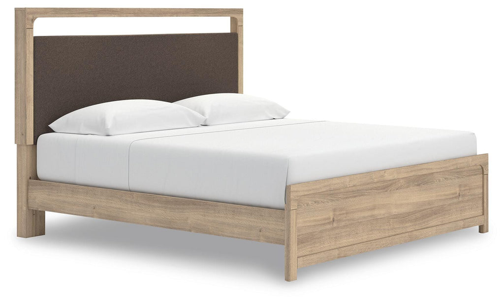 Kinlanni King Upholstered Platform Bed in Tan, angle view