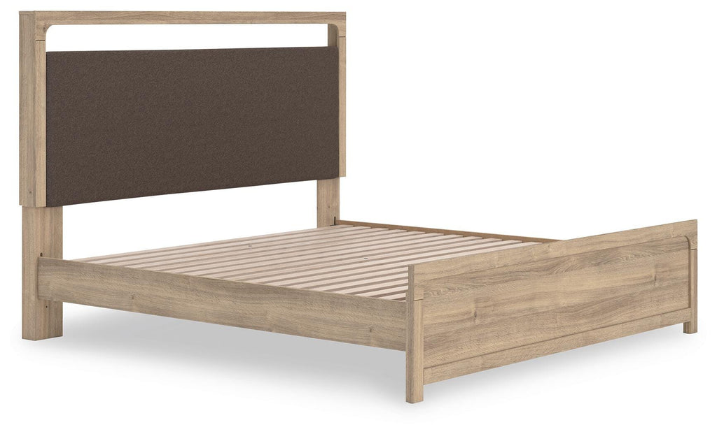 Kinlanni King Upholstered Platform Bed in Tan, angle view