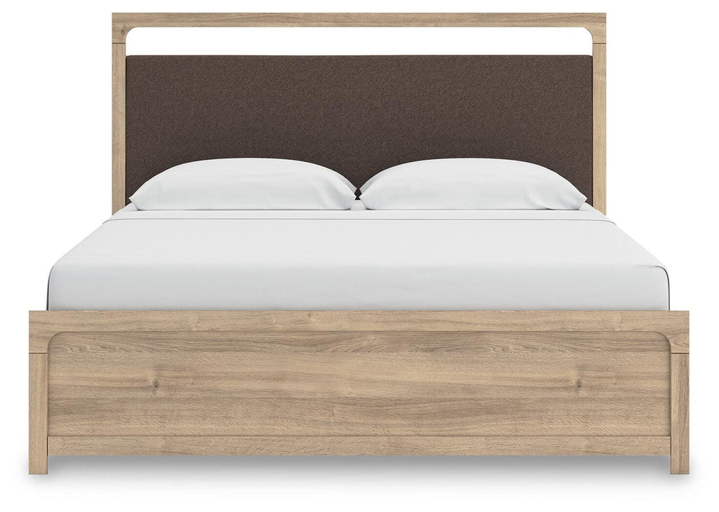 Kinlanni King Upholstered Platform Bed in Tan, front view