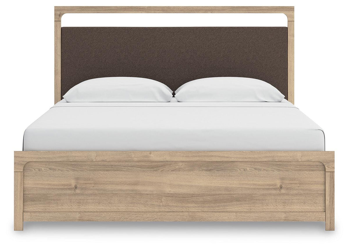 Kinlanni King Upholstered Platform Bed in Tan, front view