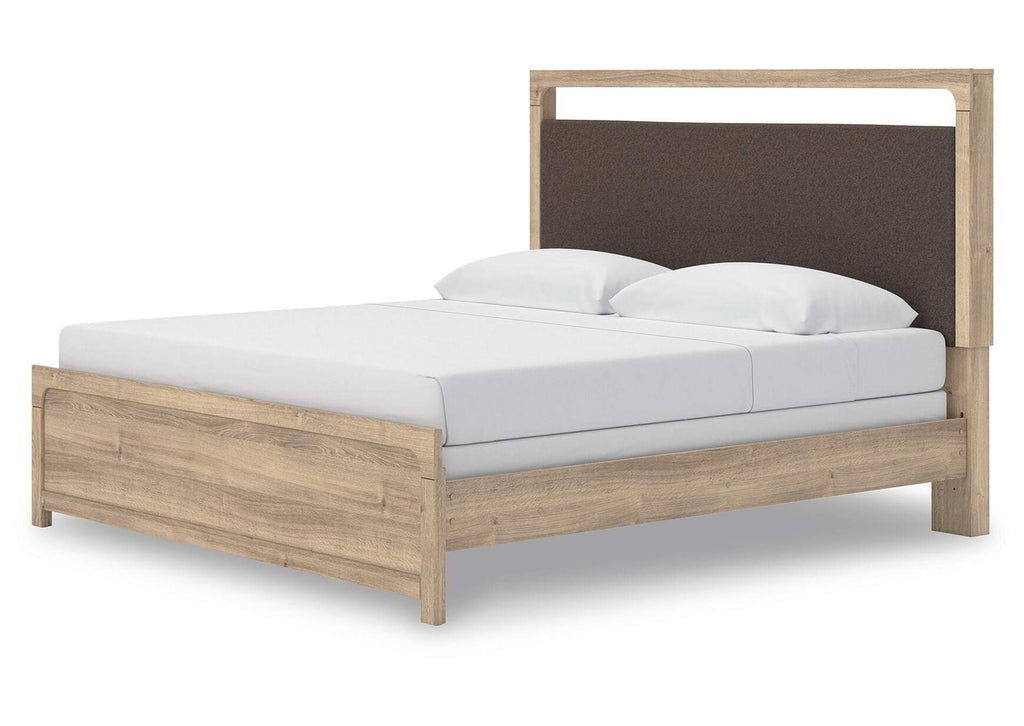 Hollymount King Upholstered Panel Bed, Dresser and Chest angled view
