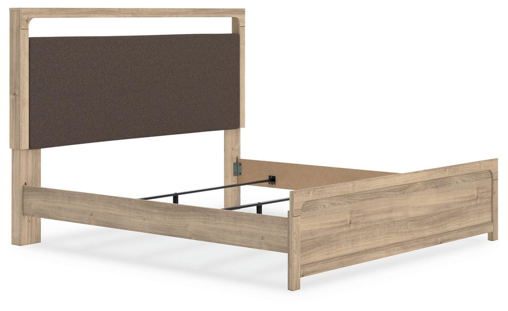 Kinlanni King Upholstered Panel Bed in Tan, angle view