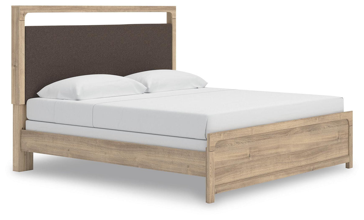 Kinlanni King Upholstered Panel Bed in Tan, angle view