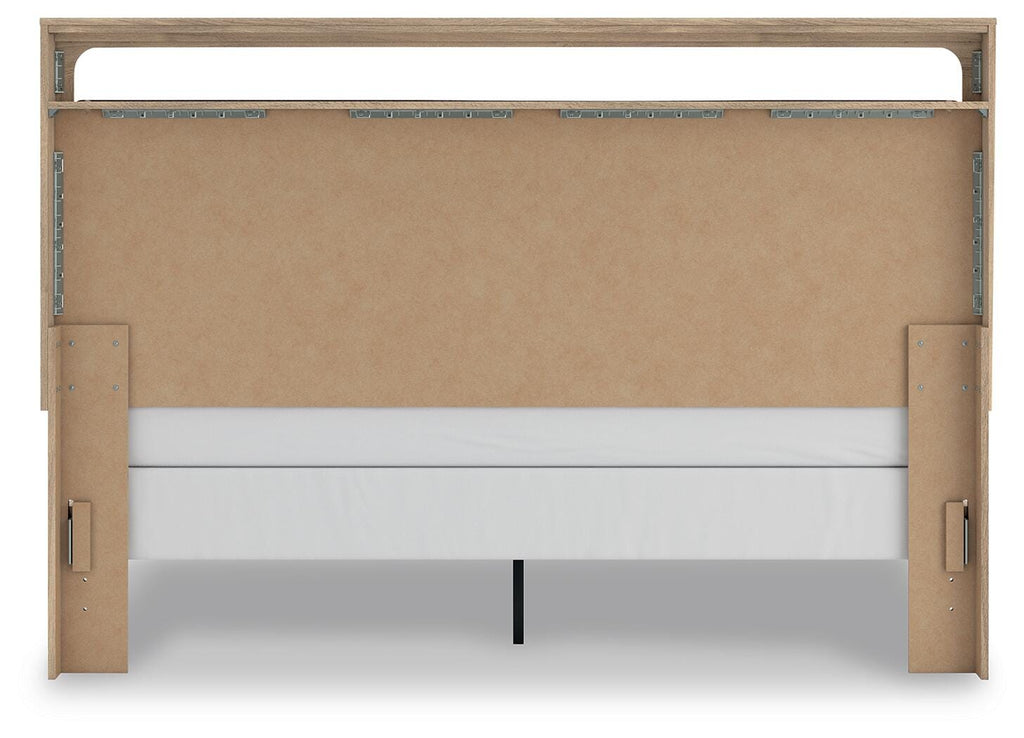 Kinlanni King Upholstered Panel Bed in Tan, back view