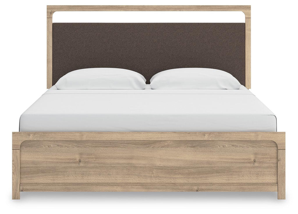 Kinlanni King Upholstered Panel Bed in Tan, front view