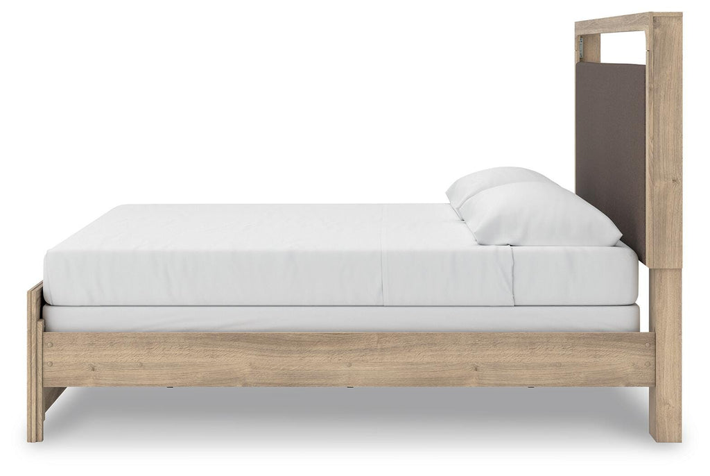 Kinlanni King Upholstered Panel Bed in Tan, alternate side view