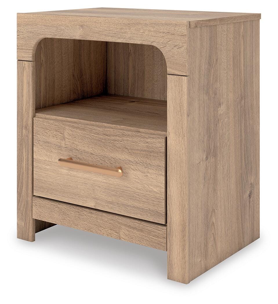 Kinlanni Nightstand in Tan, angle view