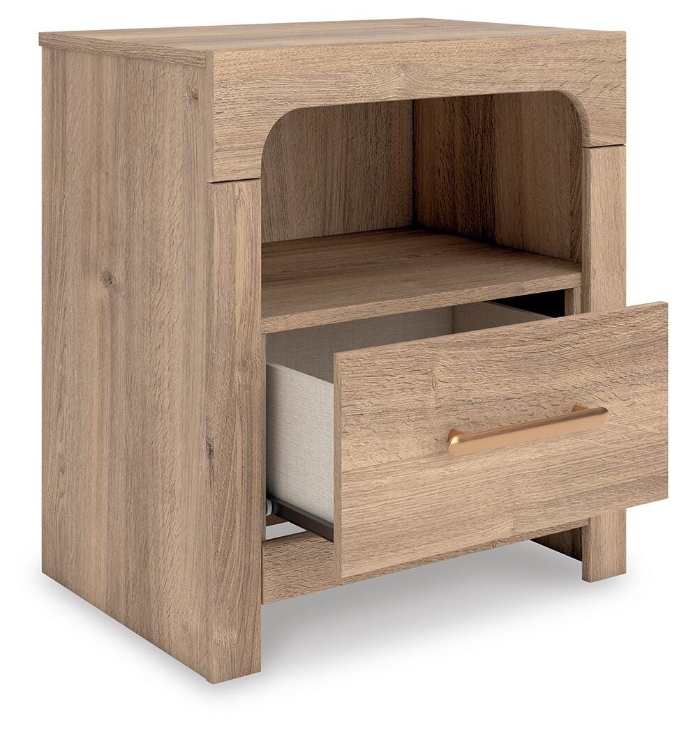 Kinlanni Nightstand in Tan, open view