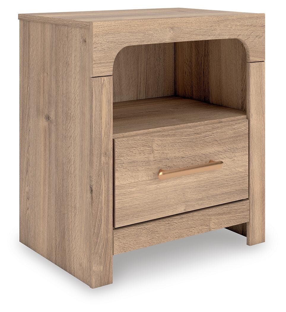 Kinlanni Nightstand in Tan, angle view