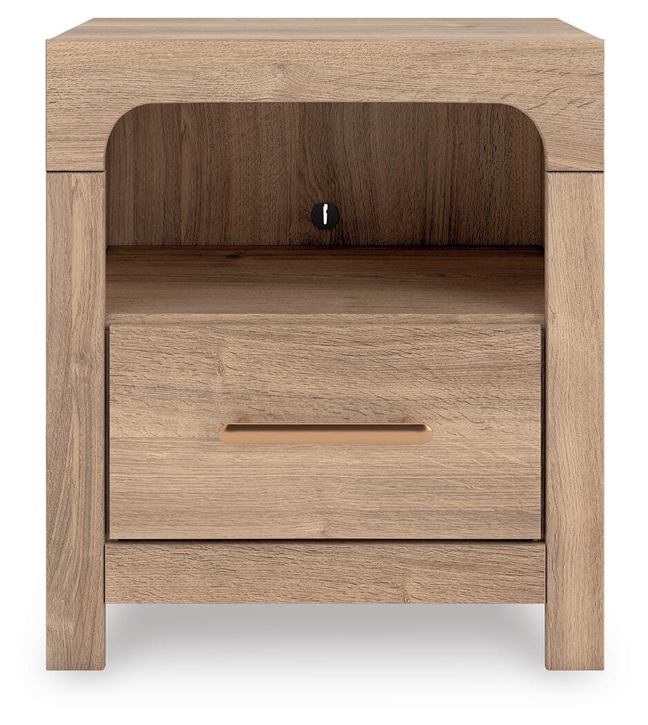 Kinlanni Nightstand in Tan, front view