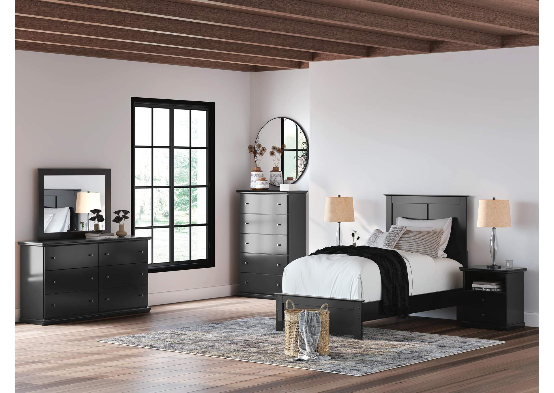 Maribel Twin Panel Bed, Dresser, Mirror and 2 Nightstands