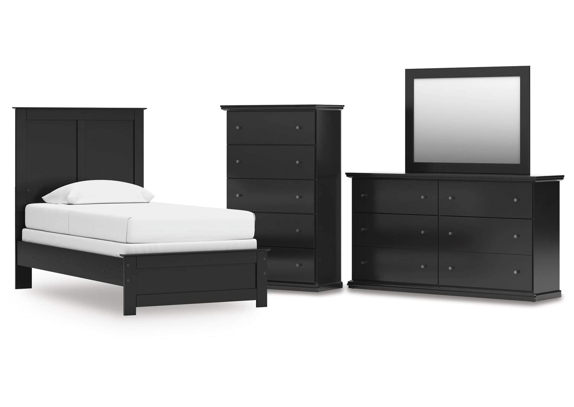 Maribel Twin Panel Bed with Mirrored Dresser and Chest
