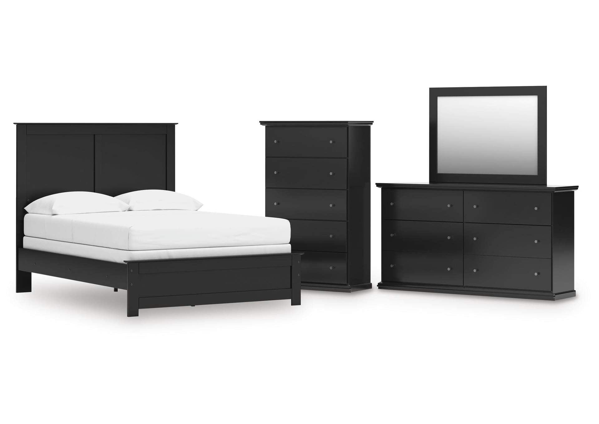 Maribel Full Panel Bed with Mirrored Dresser and Chest