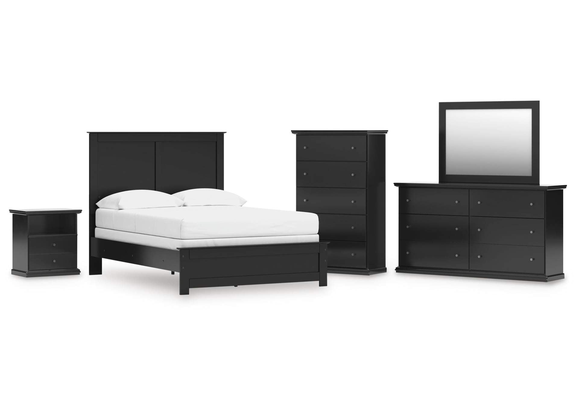 Maribel Full Panel Bed with Mirrored Dresser, Chest and Nightstand