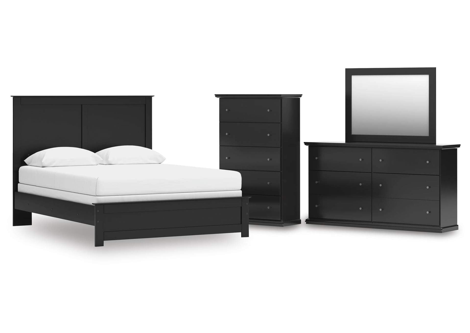 Maribel Queen Panel Bed with Mirrored Dresser and Chest