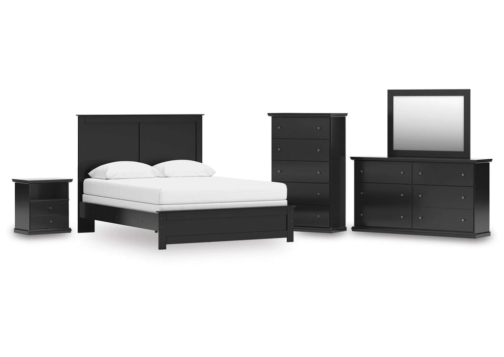 Maribel Queen Panel Bed with Mirrored Dresser, Chest and Nightstand
