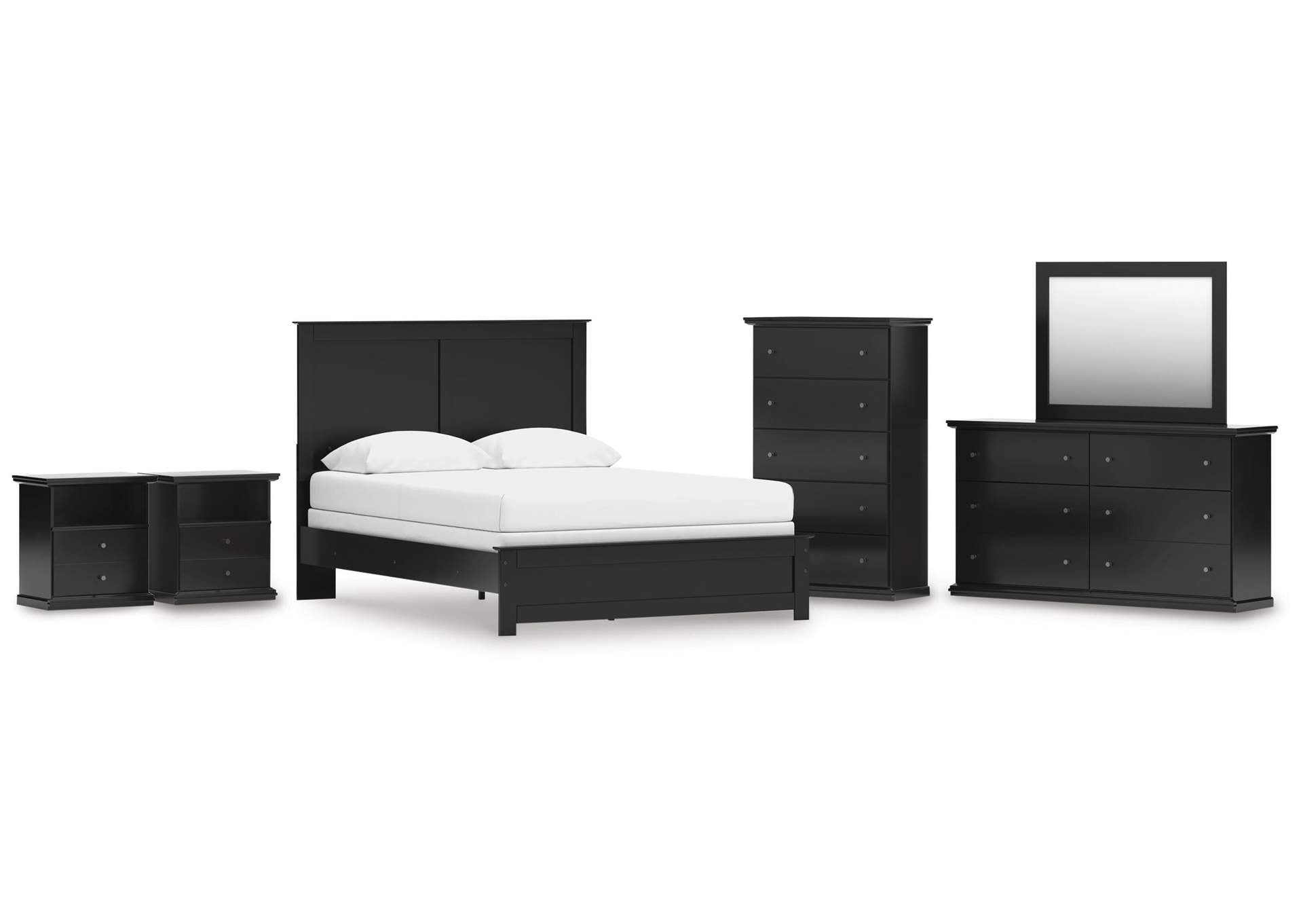Maribel Queen Panel Bed, Dresser, Mirror, Chest and 2 Nightstands