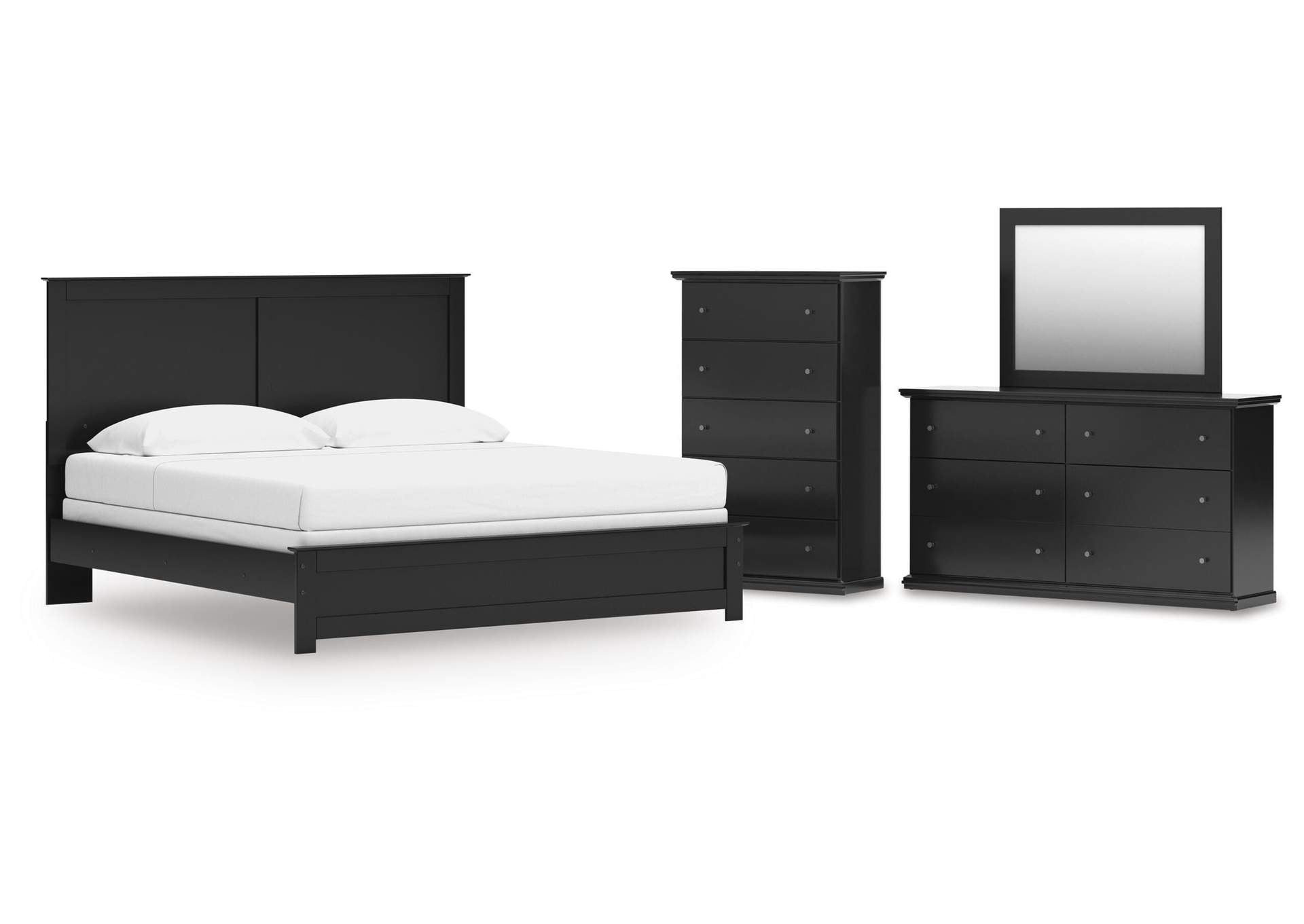 Maribel King Panel Bed with Mirrored Dresser and Chest