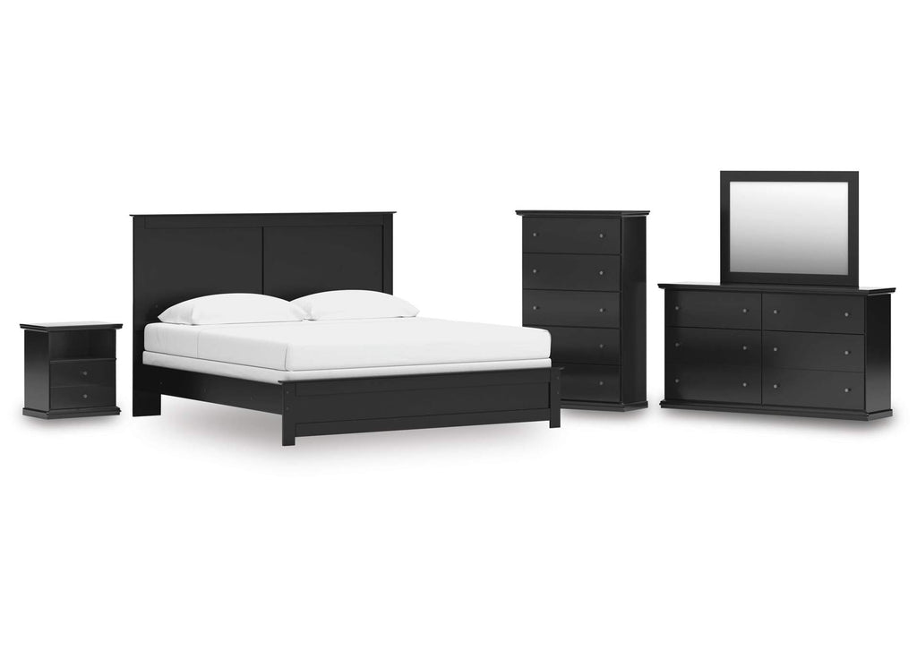 Maribel King Panel Bed with Mirrored Dresser, Chest and Nightstand