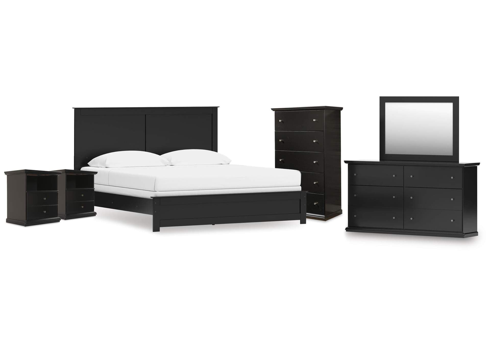 Maribel King Panel Bed, Dresser, Mirror, Chest and 2 Nightstands