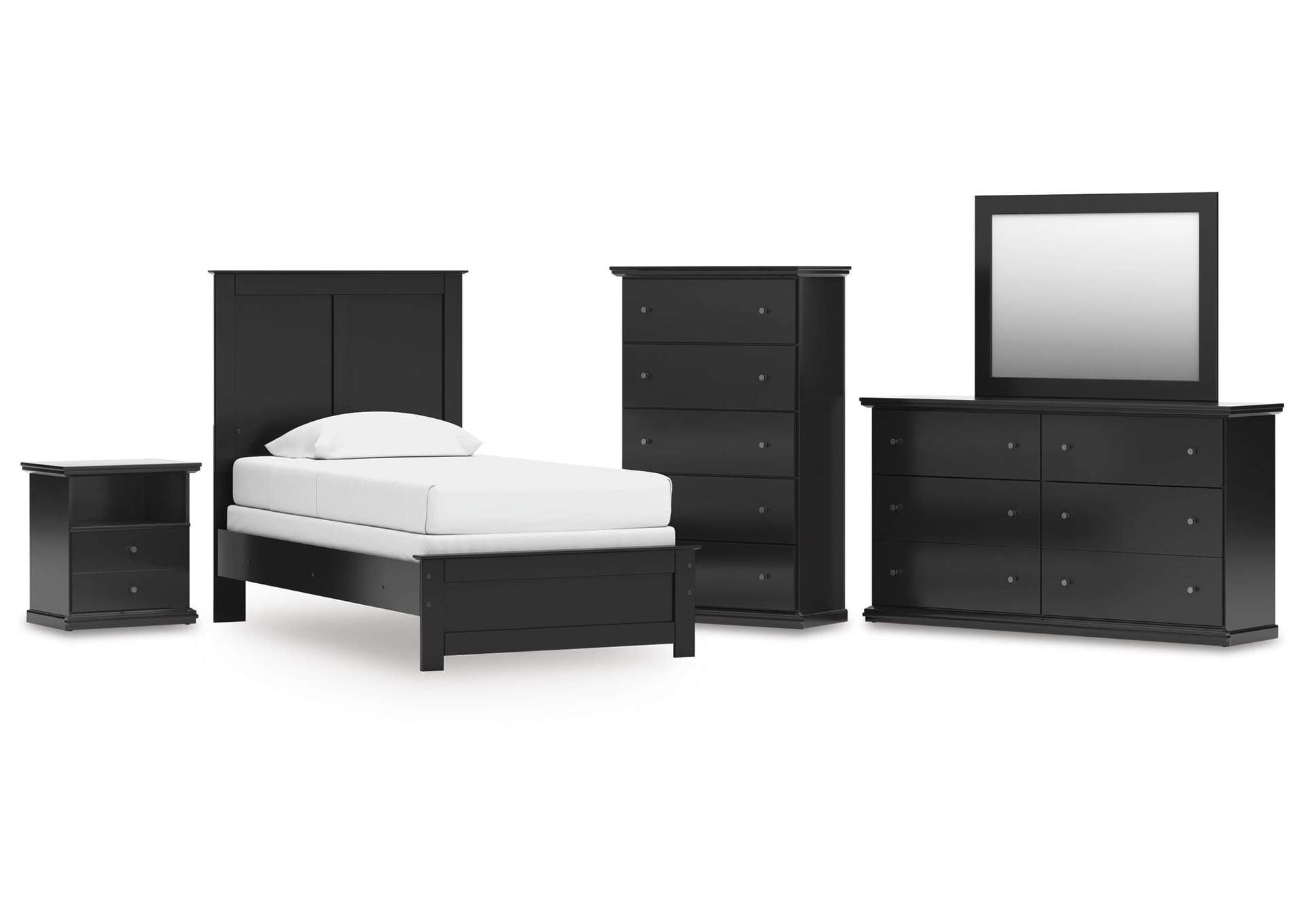 Maribel Twin Panel Bed with Mirrored Dresser, Chest and Nightstand