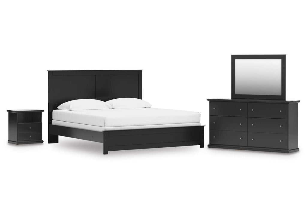 Maribel King Panel Bed with Mirrored Dresser and Nightstand