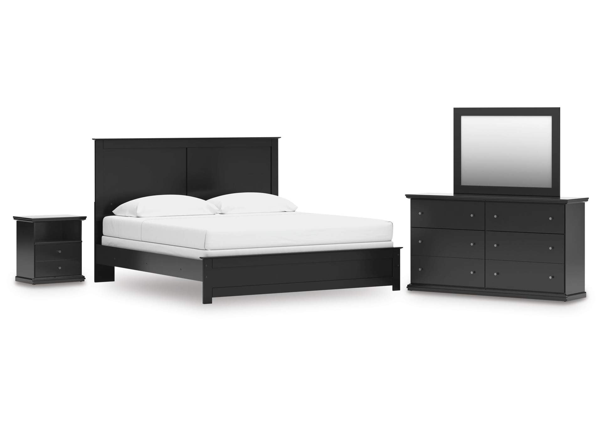 Maribel King Panel Bed with Mirrored Dresser and Nightstand