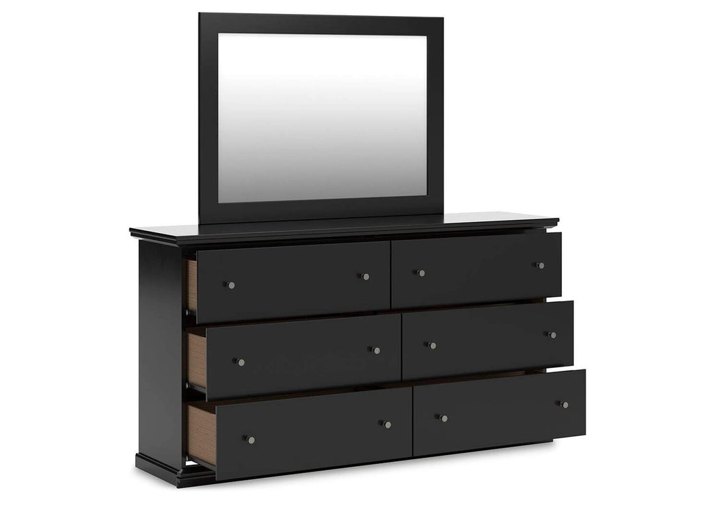 Maribel King Panel Bed with Mirrored Dresser angled view