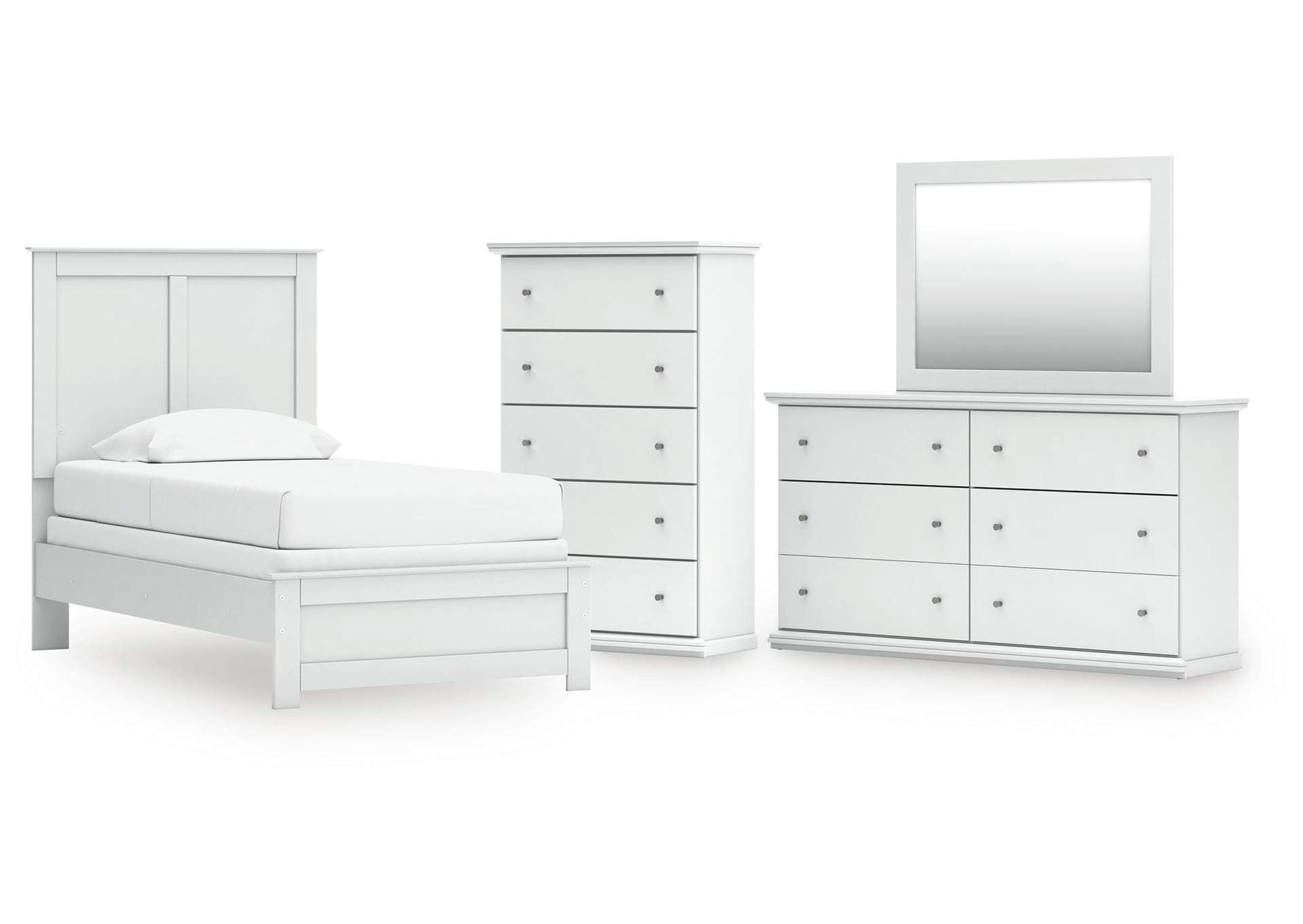 Bostwick Shoals Twin Panel Bed with Mirrored Dresser and Chest