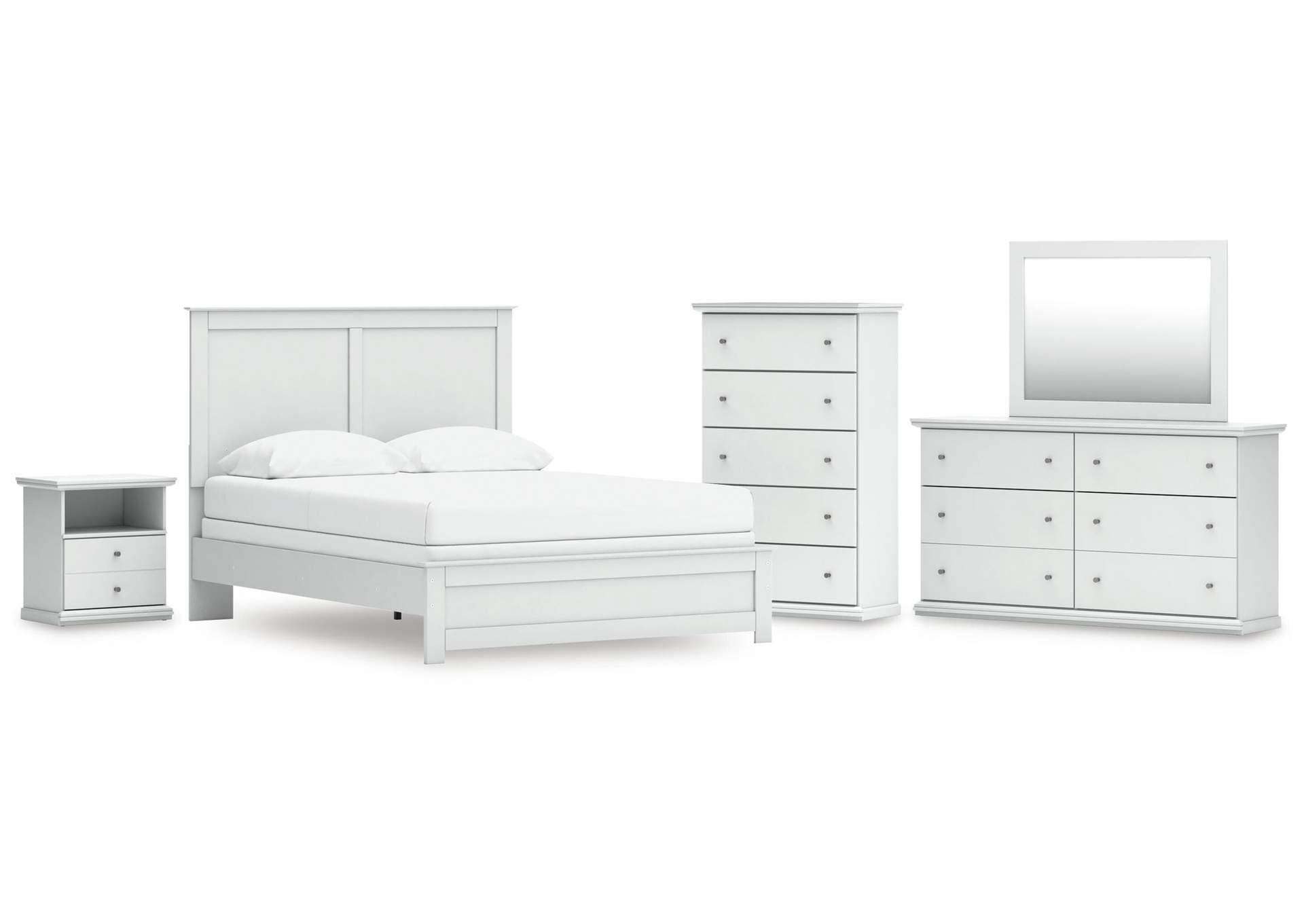 Bostwick Shoals Queen Panel Bed with Mirrored Dresser, Chest and Nightstand