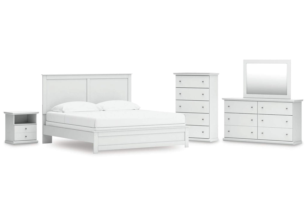 Bostwick Shoals King Panel Bed with Mirrored Dresser, Chest and Nightstand