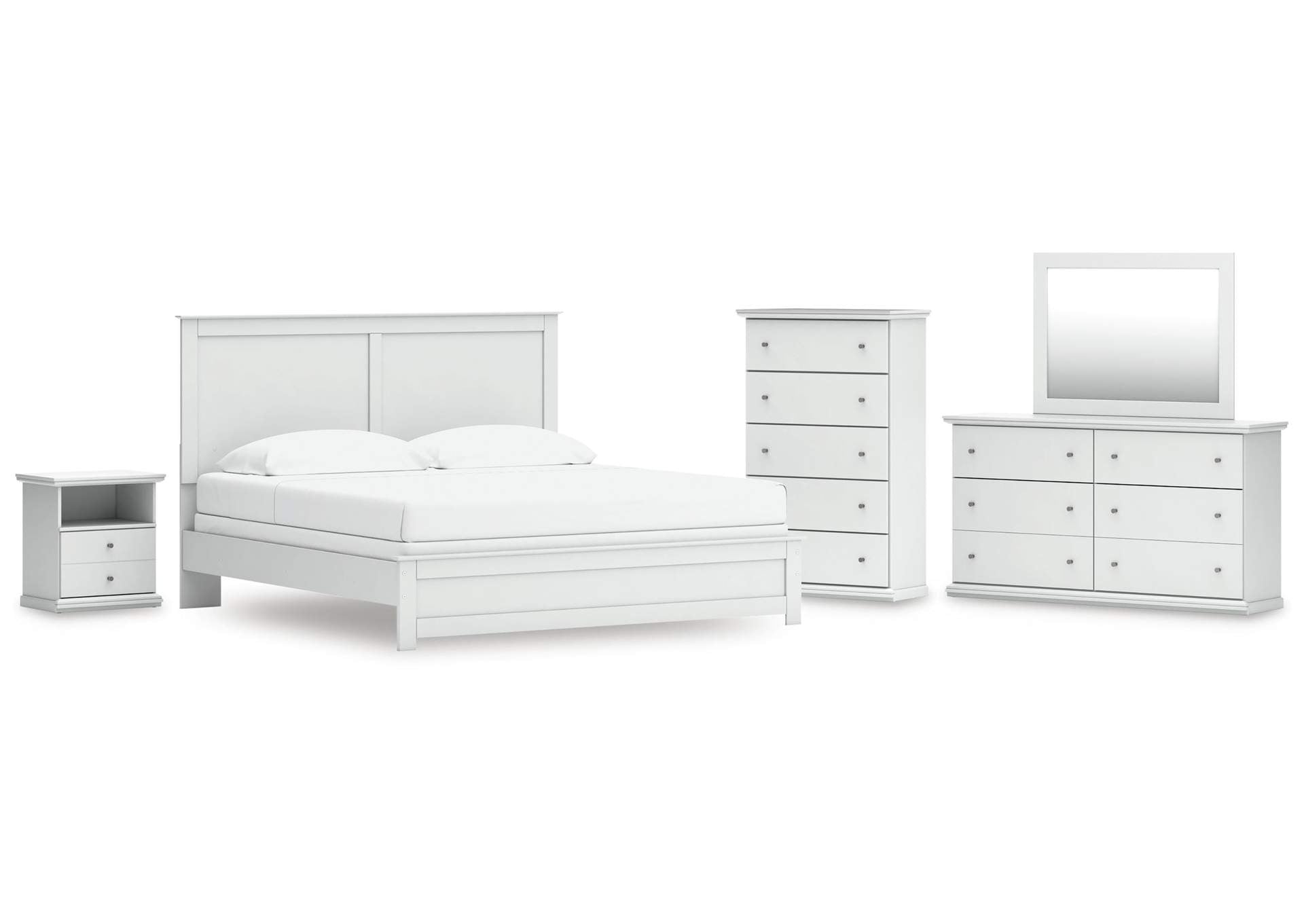 Bostwick Shoals King Panel Bed with Mirrored Dresser, Chest and Nightstand