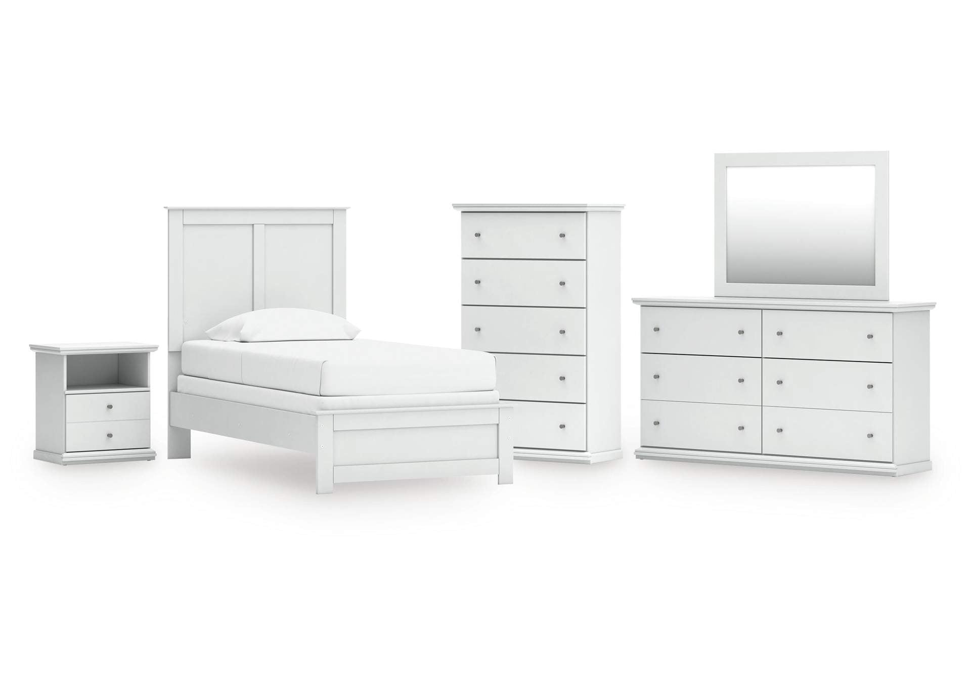 Bostwick Shoals Twin Panel Bed with Mirrored Dresser, Chest and Nightstand