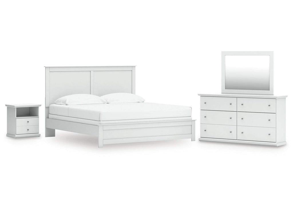 Bostwick Shoals King Panel Bed with Mirrored Dresser and Nightstand