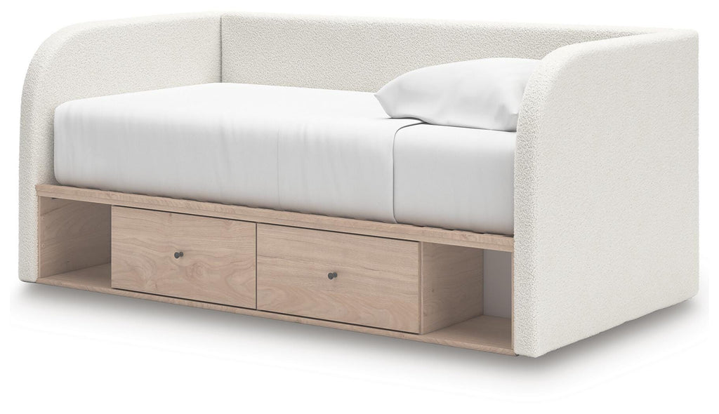 Arloster Twin Upholstered Day Bed with Storage in Tan/White, angle view