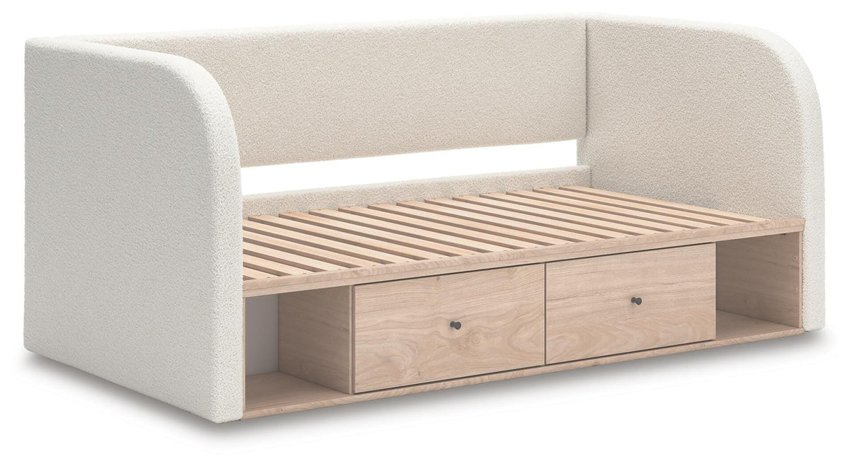 Arloster Twin Upholstered Day Bed with Storage in Tan/White, angle view
