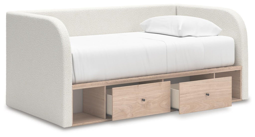 Arloster Twin Upholstered Day Bed with Storage in Tan/White, open view