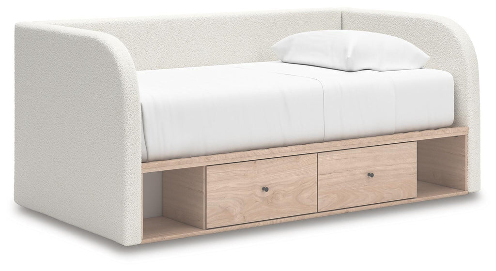 Arloster Twin Upholstered Day Bed with Storage in Tan/White, angle view