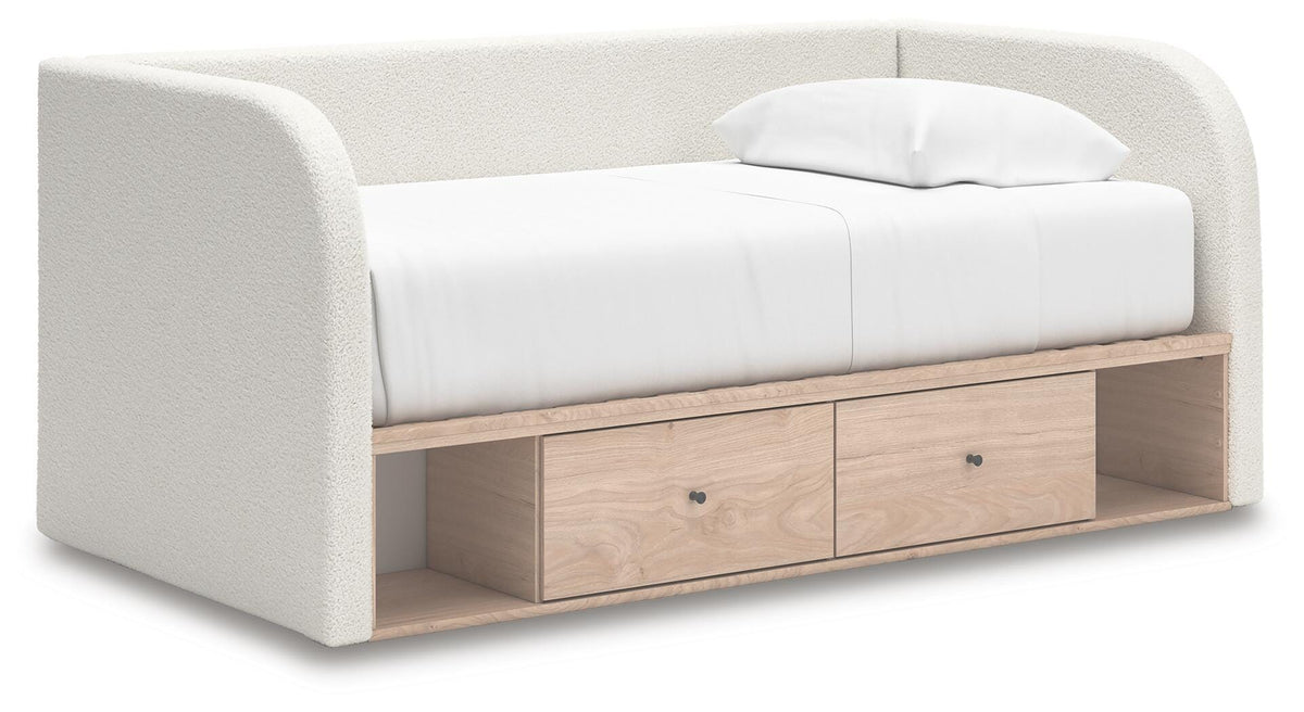 Arloster Twin Upholstered Day Bed with Storage in Tan/White, angle view