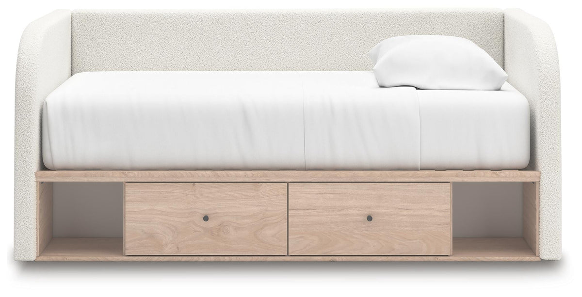 Arloster Twin Upholstered Day Bed with Storage in Tan/White, front view