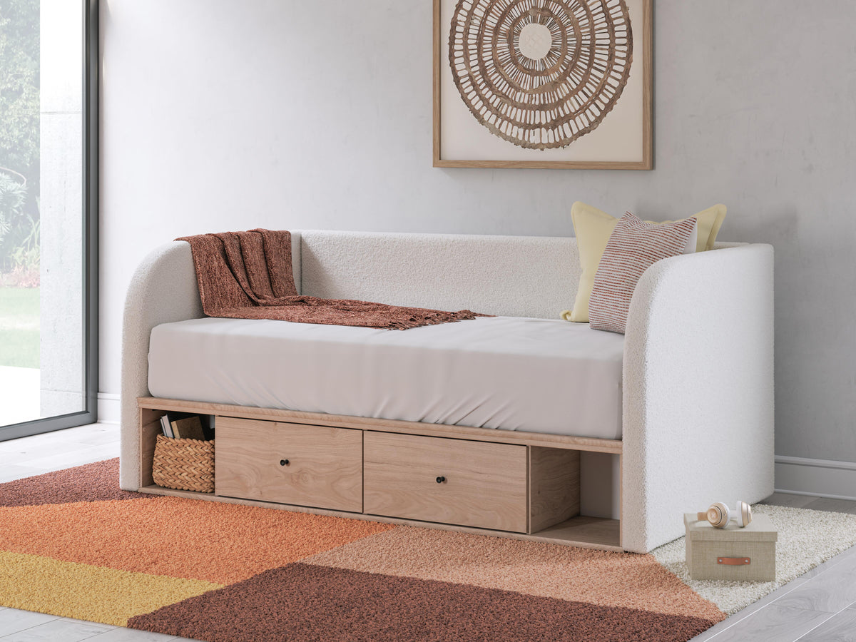 Arloster Twin Upholstered Day Bed with Storage in Tan/White, alternate view 2