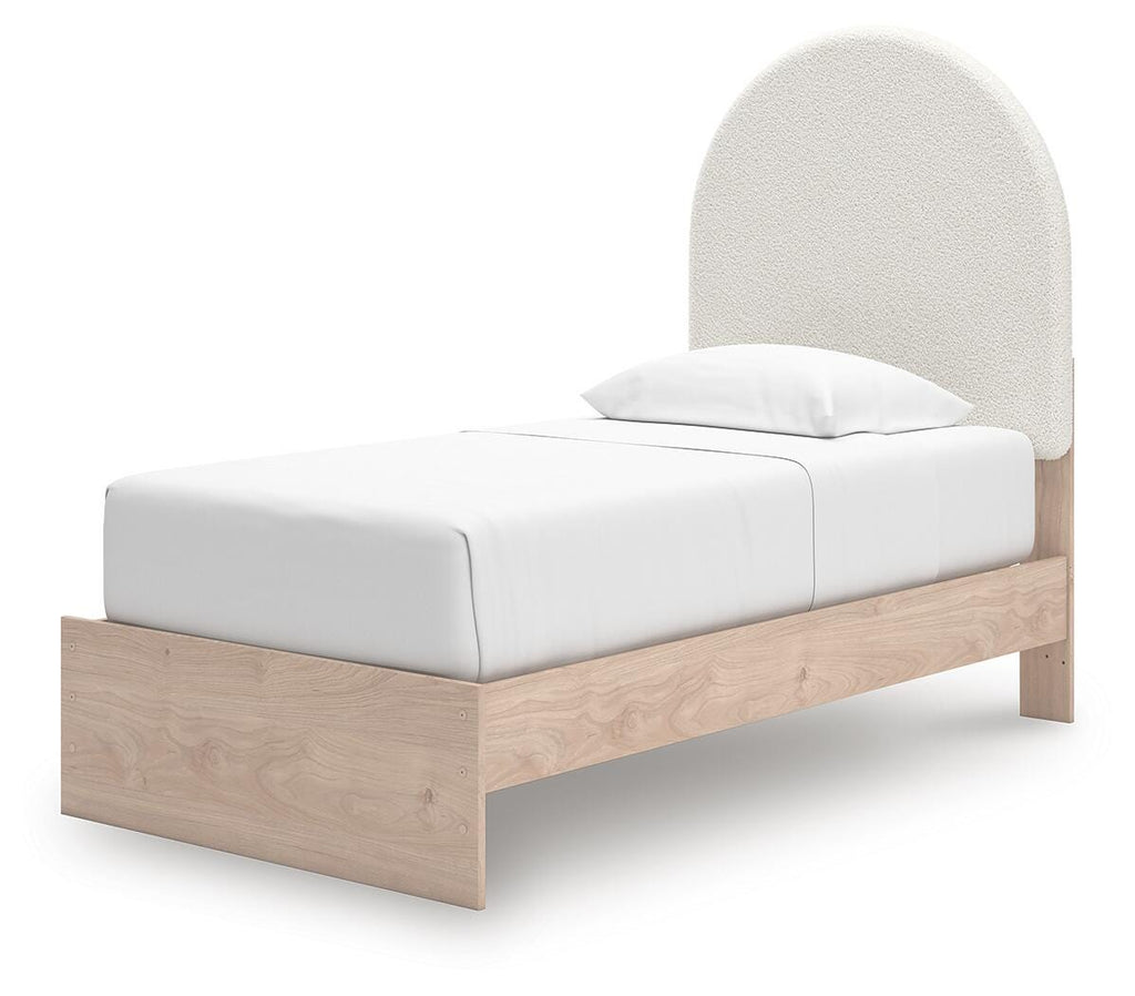 Arloster Twin Upholstered Panel Bed in Tan/White, angle view