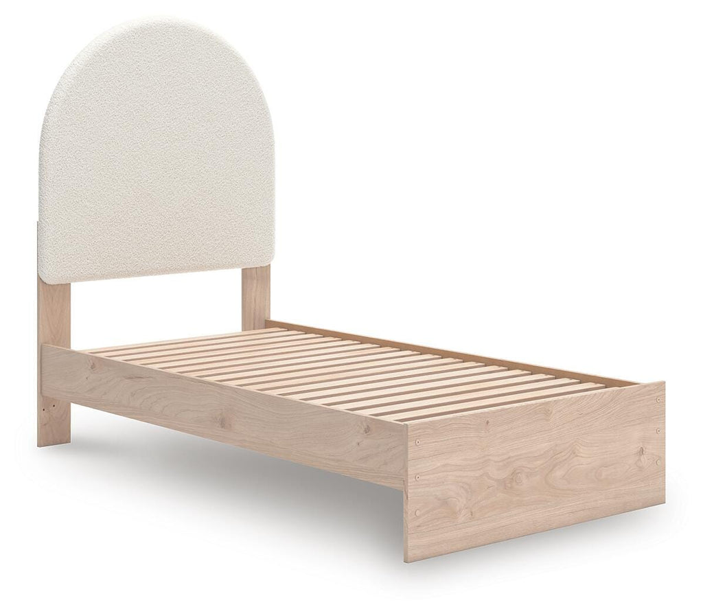 Arloster Twin Upholstered Panel Bed in Tan/White, angle view