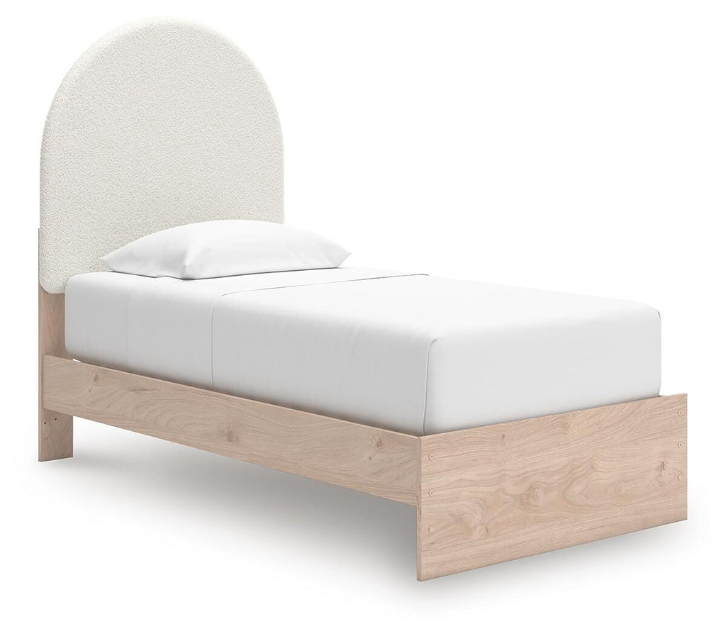 Arloster Twin Upholstered Panel Bed in Tan/White, angle view